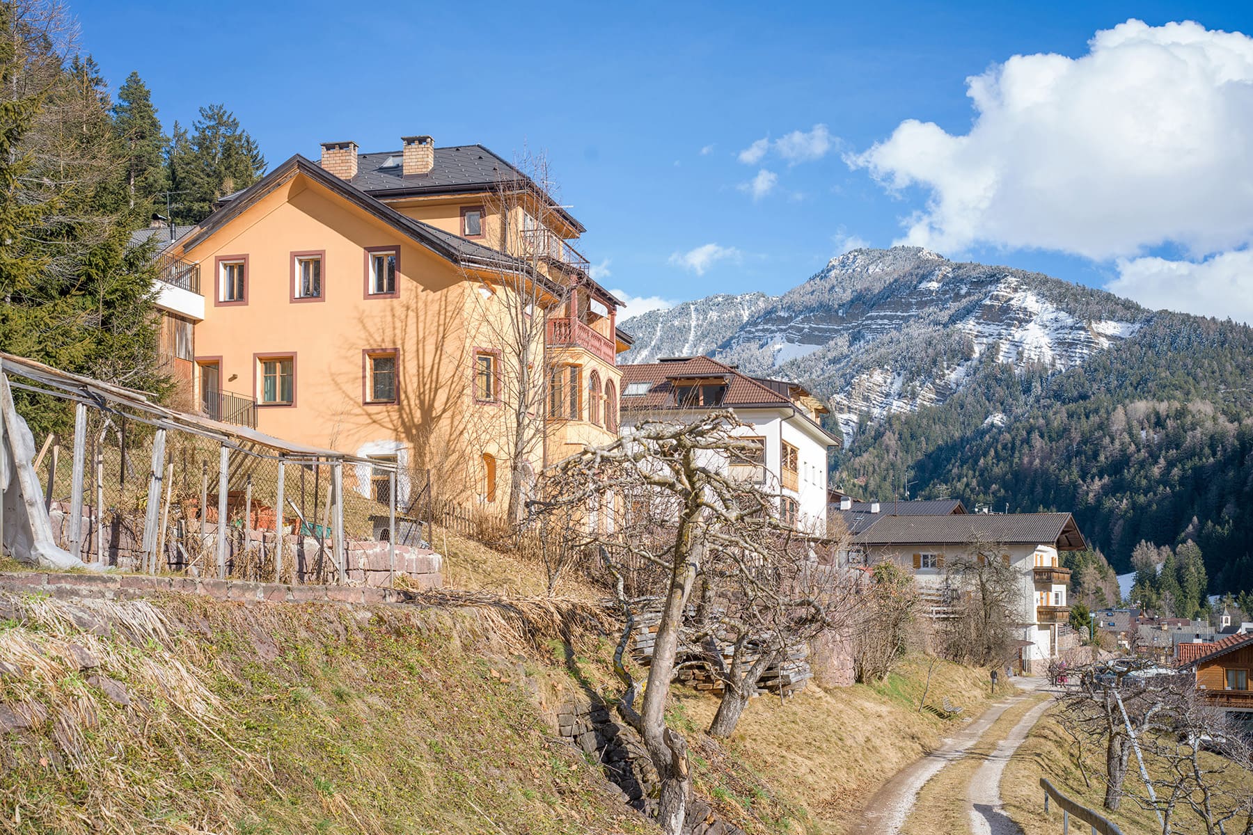 Spätwinterliches Foto der Villa Rudolfine mit verschneitem Berg im Hintergrund
