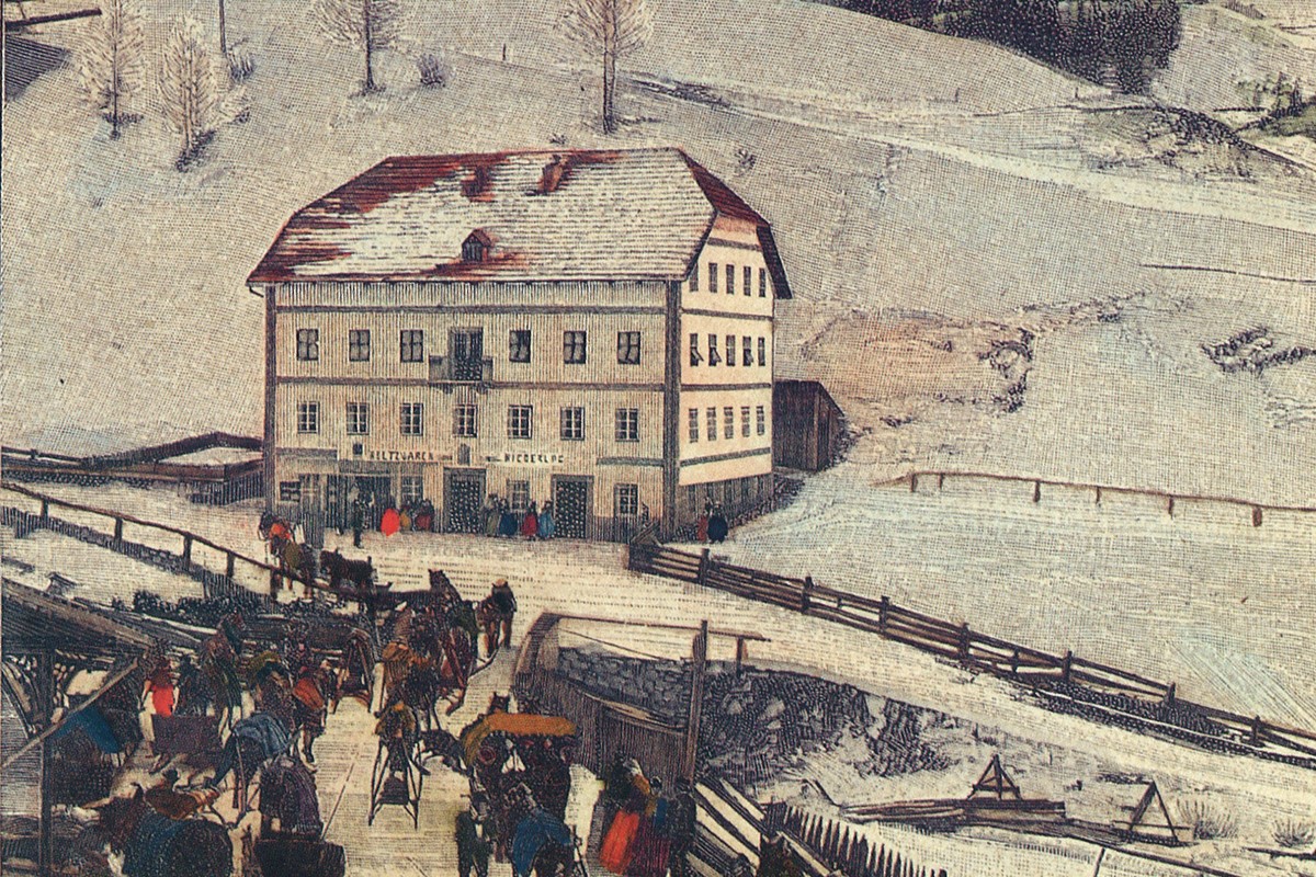 Verlegerhaus Riffeser “Maciaconi” in Wolkenstein um 1900 (Farbstich)