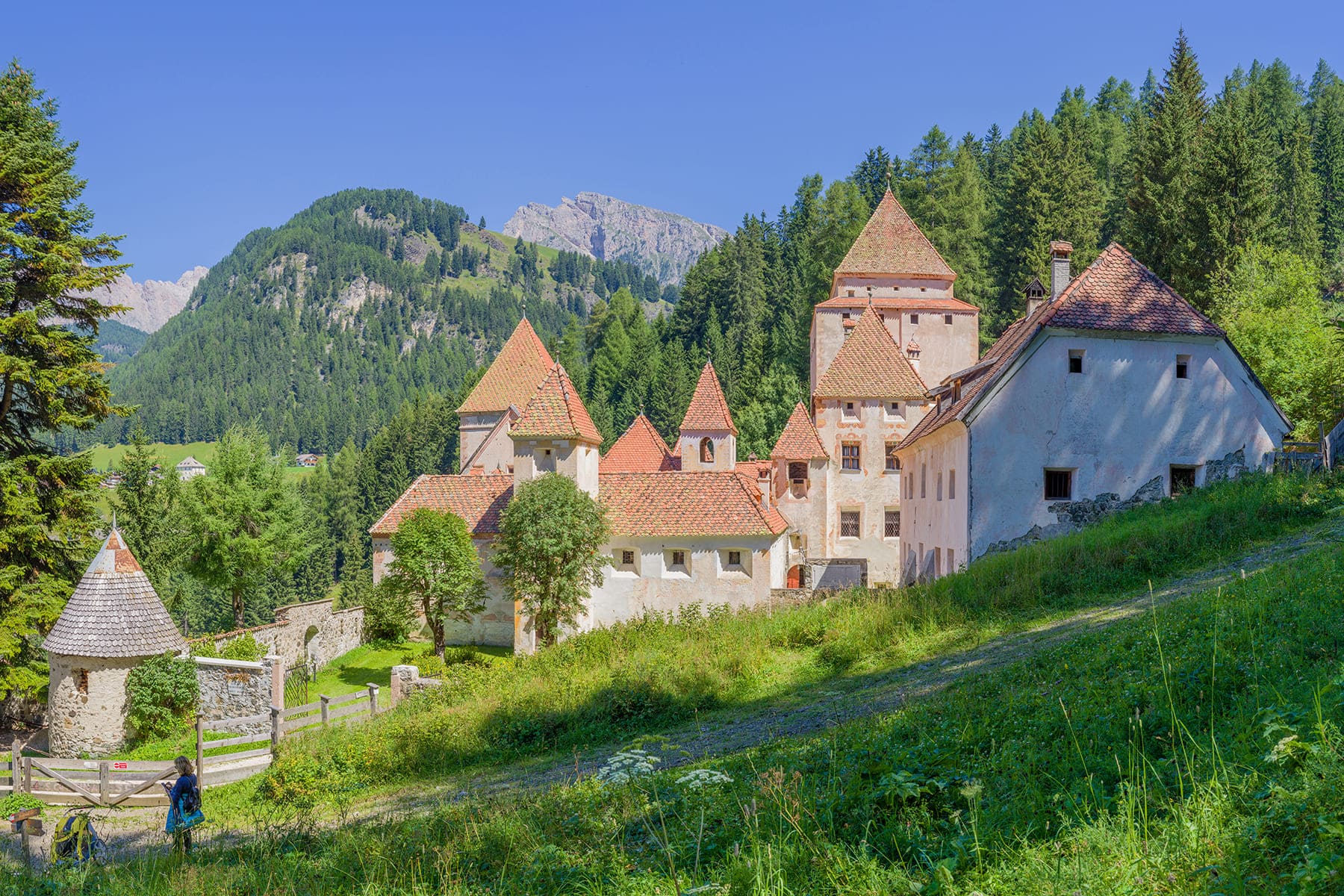 Die einheitliche Schlossanlage der Fischburg mit vorspringendem Torturm, einen Hauptturm und weiteren fünf Türmen diverser Größe und Funktion.