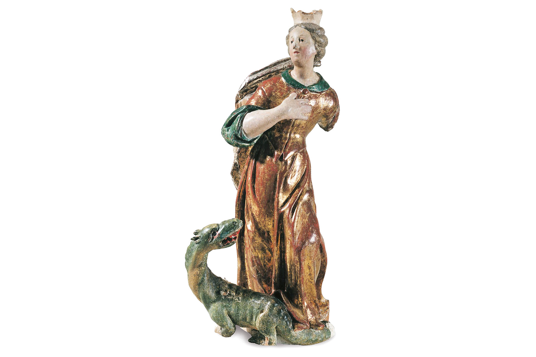 Gut erhaltene Skulptur mit restaurierter originaler Fassung der heiligen Margareta mit dem Drachen zu ihren Füßen