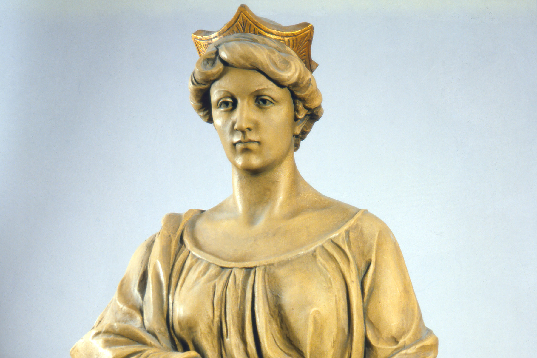 Detail des Originalmodells der heiligen Barbara aus Holz, lackiert