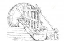 Rekonstruktion des wasserbetriebenen Stampftroges, Zeichnung Robert Moroder 1991