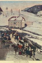 Ankunft der Pferdeschlitten am Dossesplatz vor Maciaconi um 1900 (Farbstich)