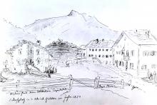 Dorfplatz von Sankt Ulrich im Jahr 1850, mit Messner- und Arzthaus links im Bild und die Häuser Pana und Fëur rechts, Zeichnung von Josef Moroder Lusenberg