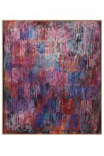 Acrylbild mit senkrechten manuell aufgetragenen Strichen in verschiedenen Farben auf einem Grund mit unförmigen weißen und schwarzen Flecken