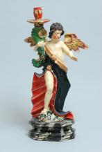 Geschnitzter und gefasster Leuchterengel auf marmorisierter Basissäule